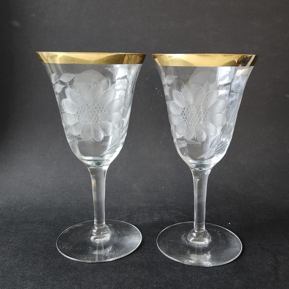 Set of 2 VTG 24K Gold Banded Etched Sun Flower Wine Glasses,  Crystal barware - Picture 11 of 11